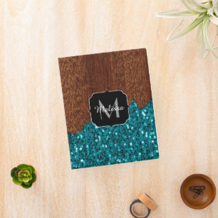 Aqua blue sparkles rustic brown wood Monogram Mini Binder