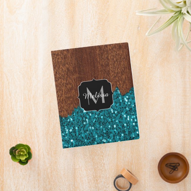 Aqua blue sparkles rustic brown wood Monogram Mini Binder (InSitu)
