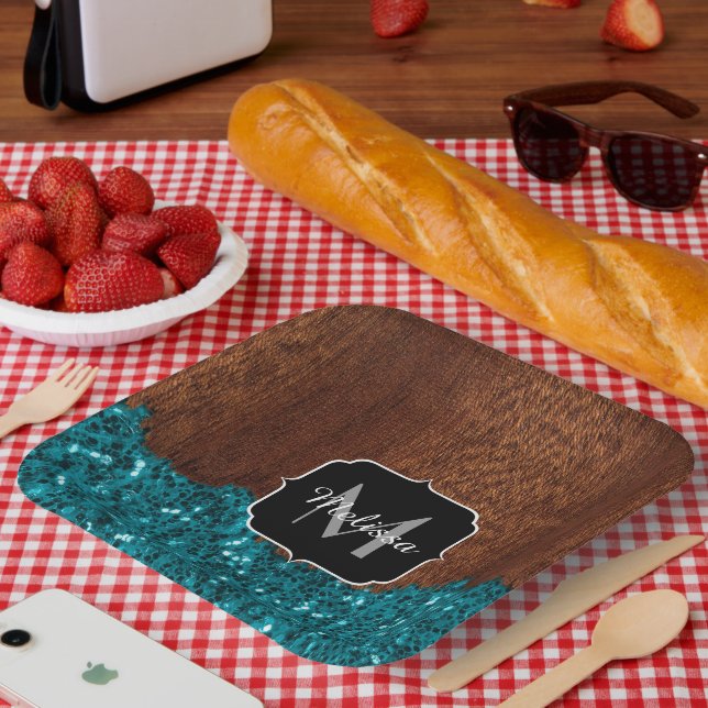Aqua blue sparkles rustic brown wood Monogram Paper Plates (Picnic)
