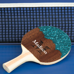 Aqua blue sparkles rustic brown wood Monogram Ping Pong Paddle