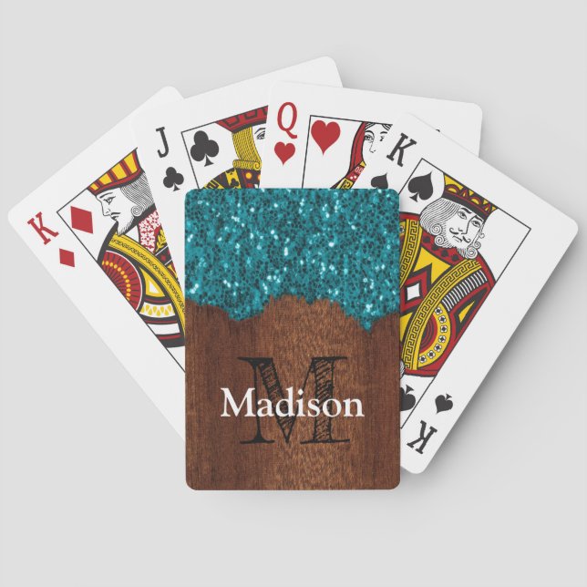 Aqua blue sparkles rustic brown wood Monogram Poker Cards (Back)