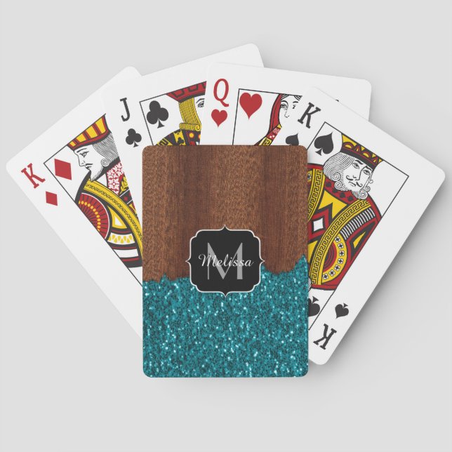 Aqua blue sparkles rustic brown wood Monogram Poker Cards (Back)