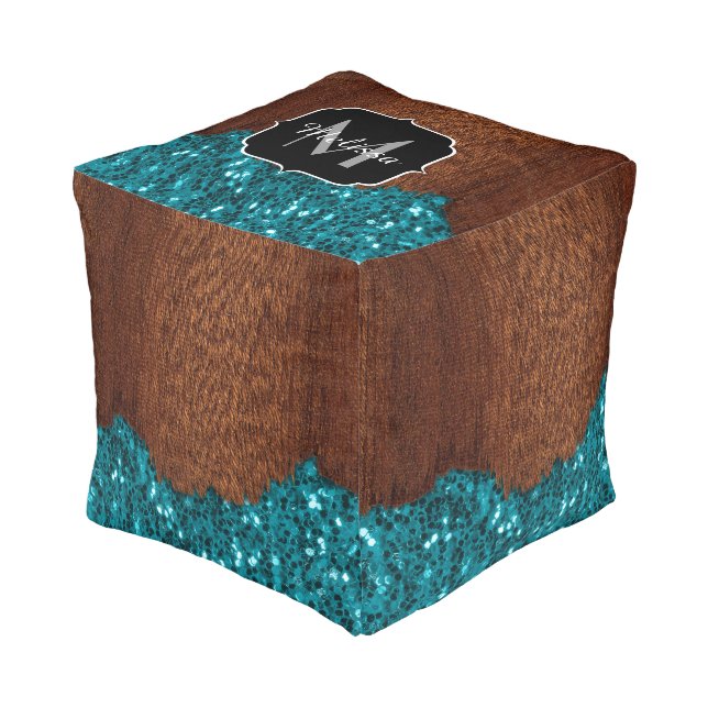 Aqua blue sparkles rustic brown wood Monogram Pouf (Angled Front)