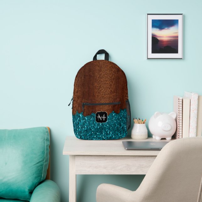 Aqua blue sparkles rustic brown wood Monogram Printed Backpack (Insitu)