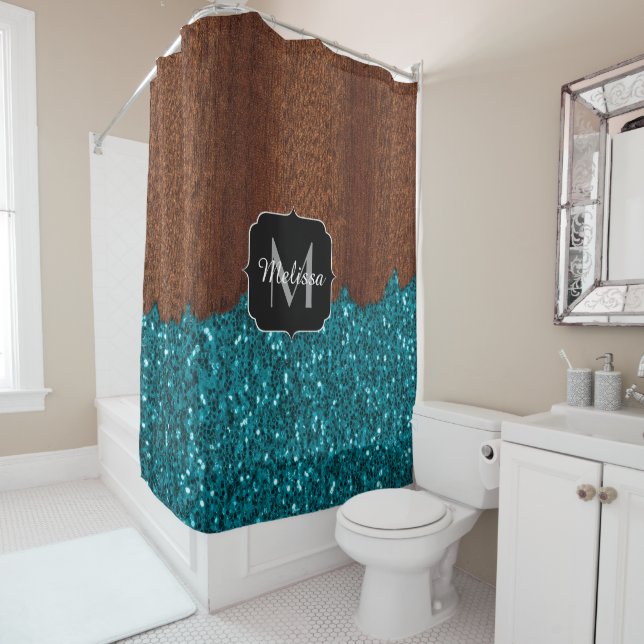 Aqua blue sparkles rustic brown wood Monogram Shower Curtain (In Situ)