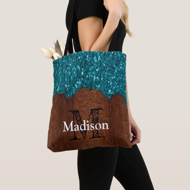 Aqua blue sparkles rustic brown wood Monogram Tote Bag (Close Up)
