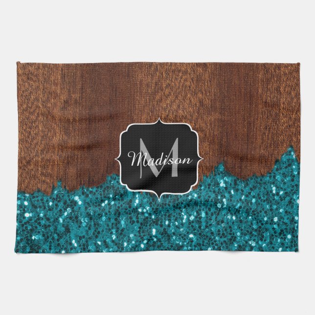 Aqua blue sparkles rustic brown wood Monogram Towel (Horizontal)