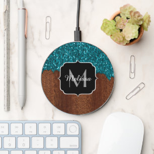 Aqua blue sparkles rustic brown wood Monogram Wireless Charger