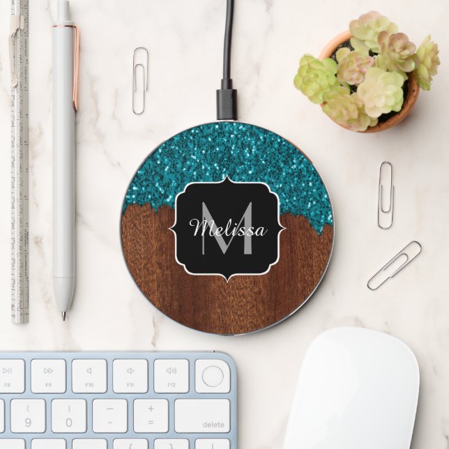 Aqua blue sparkles rustic brown wood Monogram Wireless Charger (Desk)