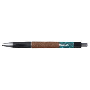 Aqua blue sparkles rustic brown wood Personalize Pen
