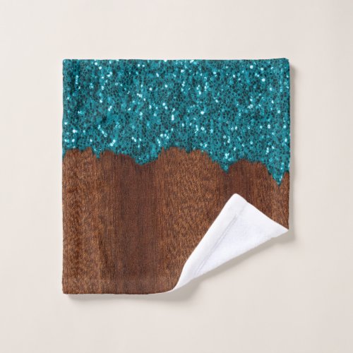 Aqua blue sparkles rustic brown wood wash cloth