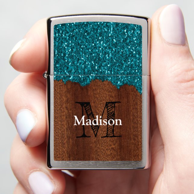 Aqua blue sparkles rustic brown woood Monogram Zippo Lighter (In Hand)