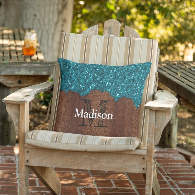 Aqua blue sparkles rustic wood Monogram PLdesign Outdoor Pillow (Chair)