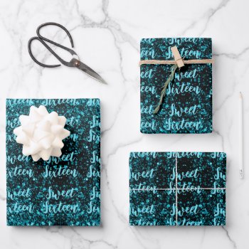 Aqua Blue Sparkles Sweet 16 Elegant Script Pattern Wrapping Paper Sheets by PLdesign at Zazzle