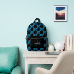 Aqua blue sparkly geometric pattern black Monogram Printed Backpack