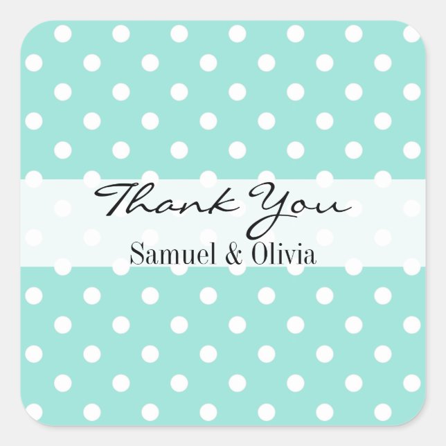Aqua Blue Square Custom Polka Dotted Thank You Sticker (Front)