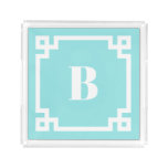 Aqua Blue Square Greek Key Border Monogrammed Acrylic Tray