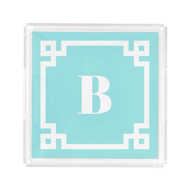 Aqua Blue Square Greek Key Border Monogrammed Acrylic Tray (Front)