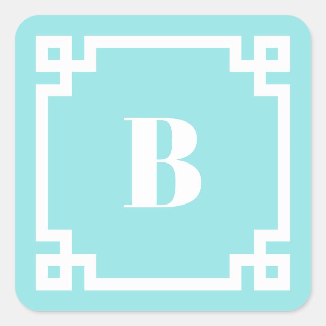 Aqua Blue Square Greek Key Border Monogrammed Square Sticker (Front)
