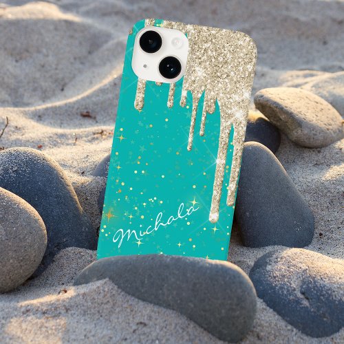 Aqua Blue Star Sparkle Silver Glitter Drips Case_Mate iPhone 14 Case