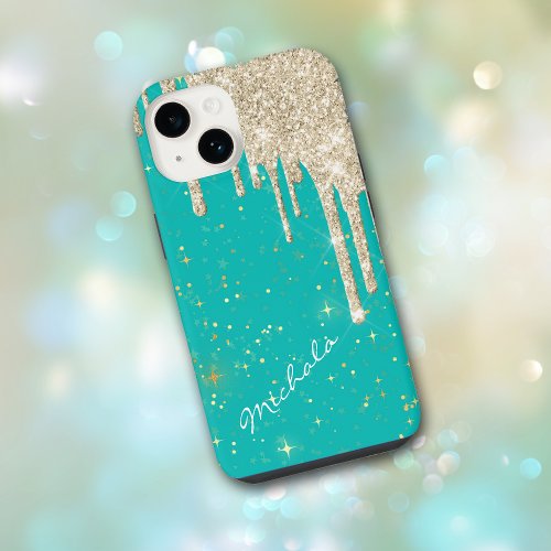 Aqua Blue Star Sparkle Silver Glitter Drips iPhone 14 Case