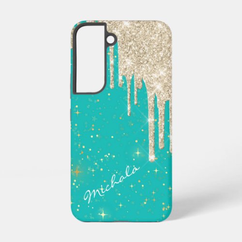 Aqua Blue Star Sparkle Silver Glitter Drips Samsung Galaxy S22 Case