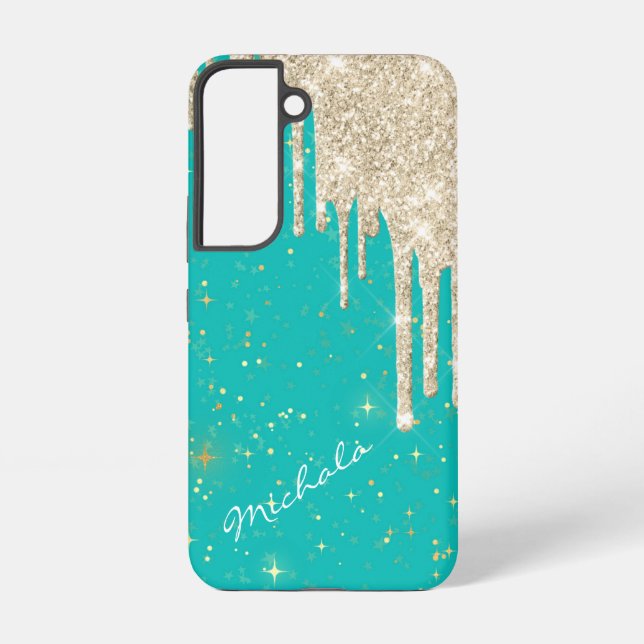 Aqua Blue Star Sparkle Silver Glitter Drips Samsung Galaxy Case (Back)