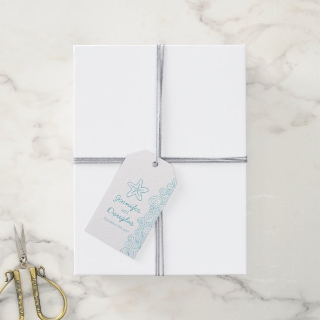 Aqua blue starfish beach wedding favor tag (With Twine)