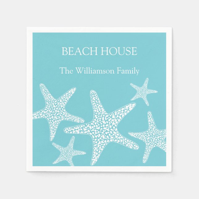 Aqua Blue Starfish Coastal Beach House Family     Napkins (Front)