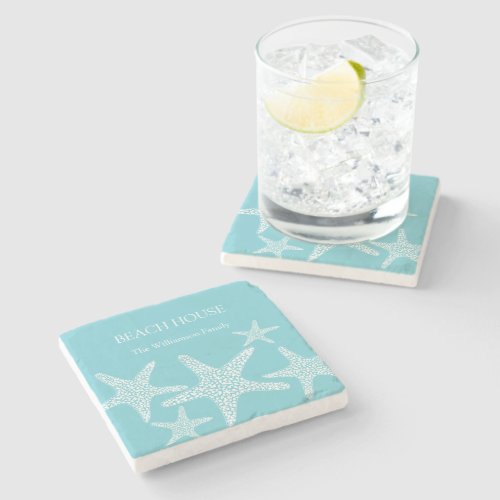 Aqua Blue Starfish Coastal Beach House Family      Stone Coaster