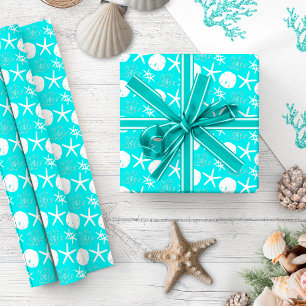 Aqua Blue Starfish Coastal Christmas Wrapping Paper
