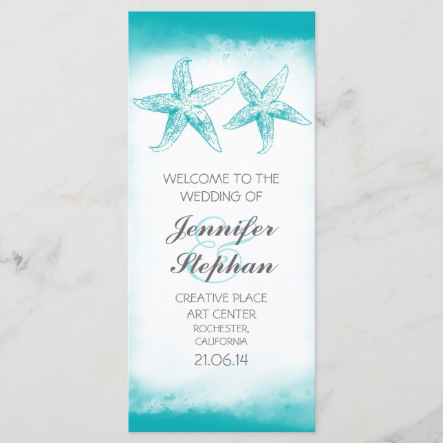 aqua blue starfish couple beach wedding programs (Front)