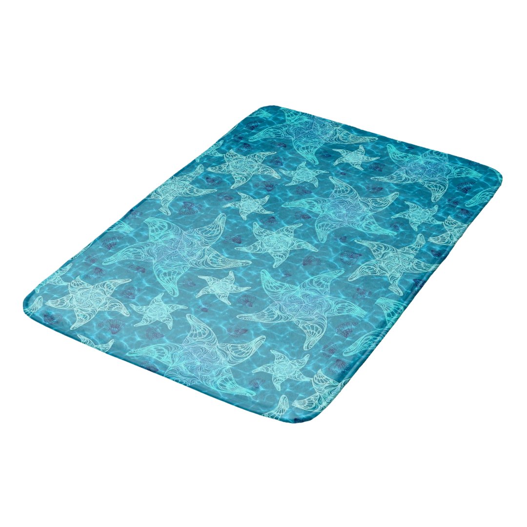 Aqua Blue Starfish Pattern Bath Mat | Zazzle