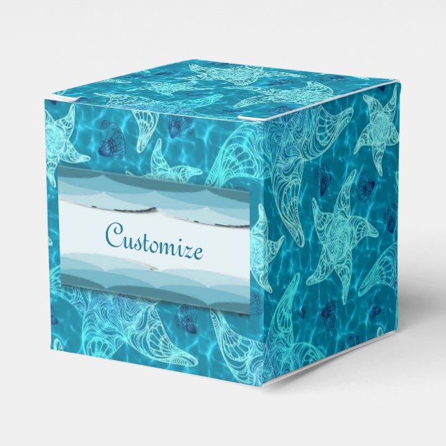 Aqua Blue Starfish Pattern Cube Favor Box (Front Side)