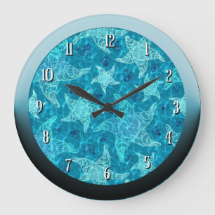 Aqua Blue Starfish Pattern Round Wall Clock