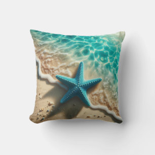 Aqua Blue Starfish Seashell Tropical Beach Ocean Throw Pillow