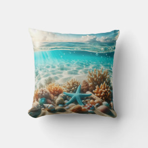 Aqua Blue Starfish Seashell Tropical Beachy Throw Pillow