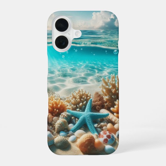 Aqua Blue Starfish Seashells Ocean Beach iPhone Case (Back)