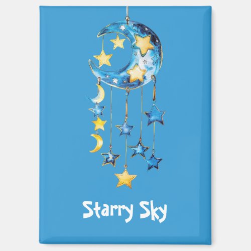 Aqua Blue Starry Sky Yellow Stars Moons Magnet
