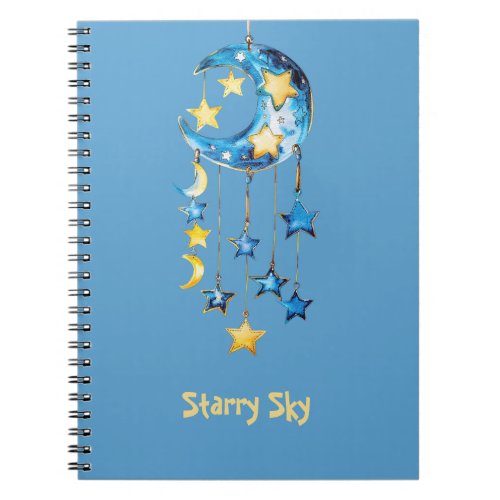 Aqua Blue Starry Sky Yellow Stars Moons Notebook