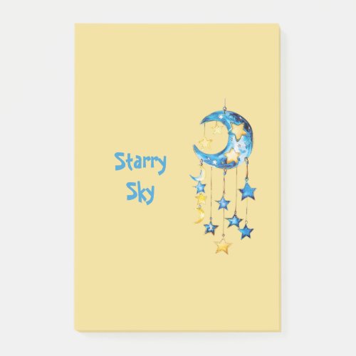 Aqua Blue Starry Sky Yellow Stars Moons Post-it Notes