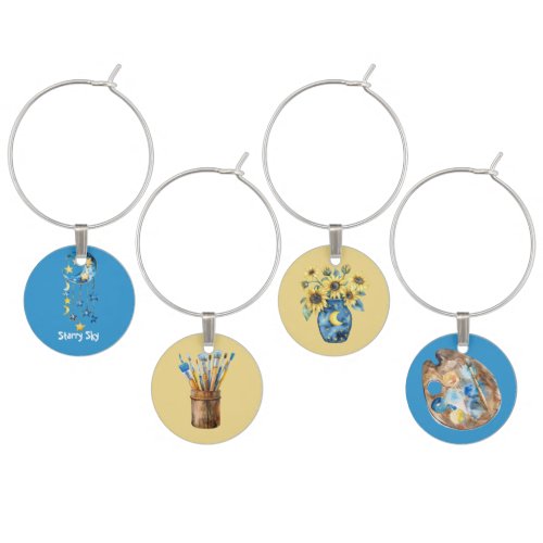 Aqua Blue Starry Sky Yellow Stars Moons Wine Charm