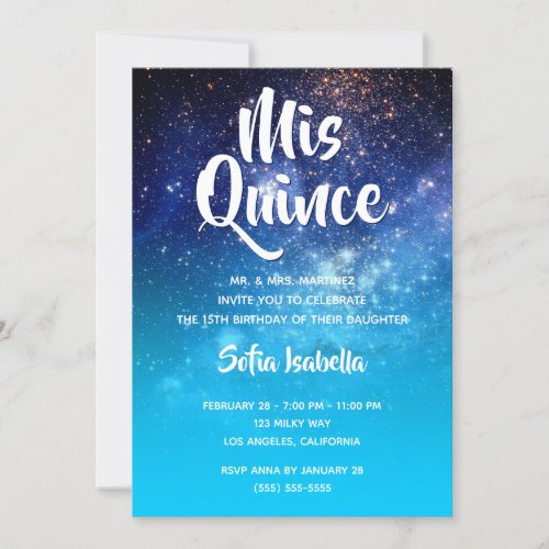 Aqua Blue Stars Cosmic Ombre Mis Quince Birthday Invitation