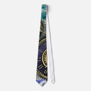 Aqua, Blue steampunk print tie, gears, cogs, clock Neck Tie