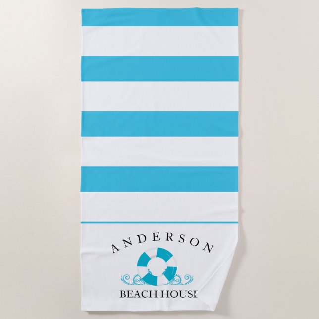 Aqua Blue Stripe Personalized Beach House Beach Towel (Front)