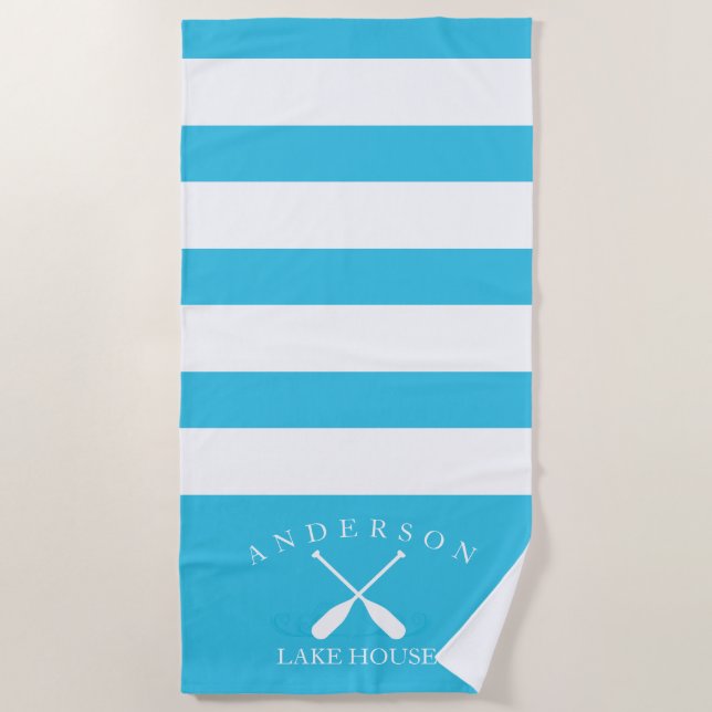 Aqua Blue Stripe Personalized Lake House Beach Towel (Front)