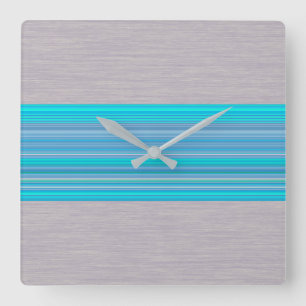 Aqua Blue Striped Pattern on Silver Gray Square Wall Clock