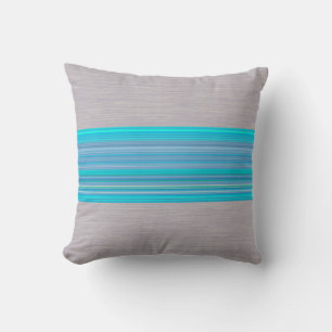 Aqua Blue Striped Pattern on Silver Gray Throw Pillow