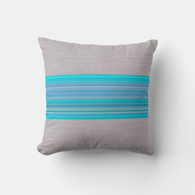 Aqua Blue Striped Pattern on Silver Gray Throw Pillow (Front)