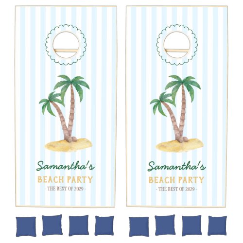 Aqua Blue Stripes Palm Beach Party Cornhole Set
